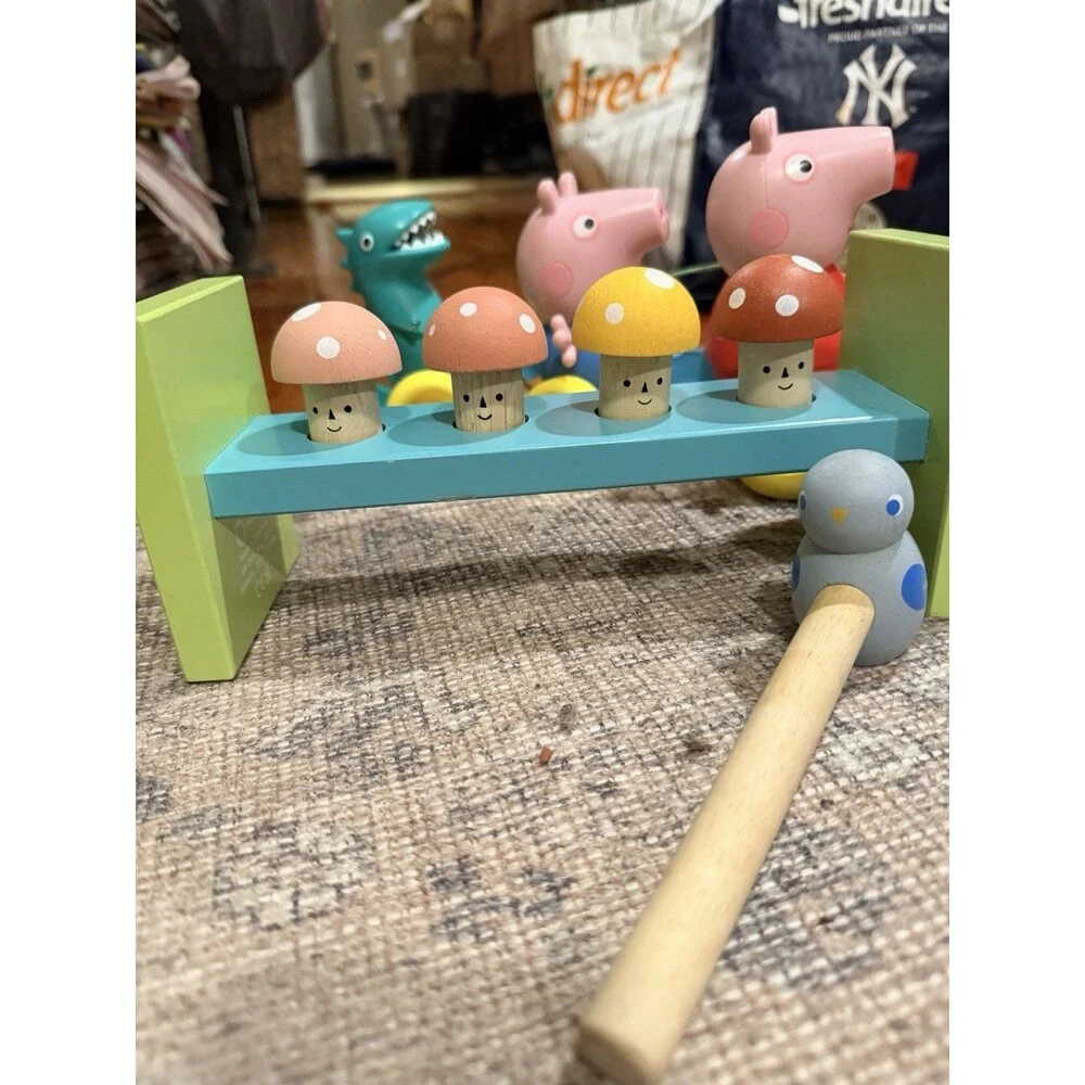 Toddler toy lot- Mentari Wooden mushroom Hammer Toy and Peppa Pig Pull Toy Tomy